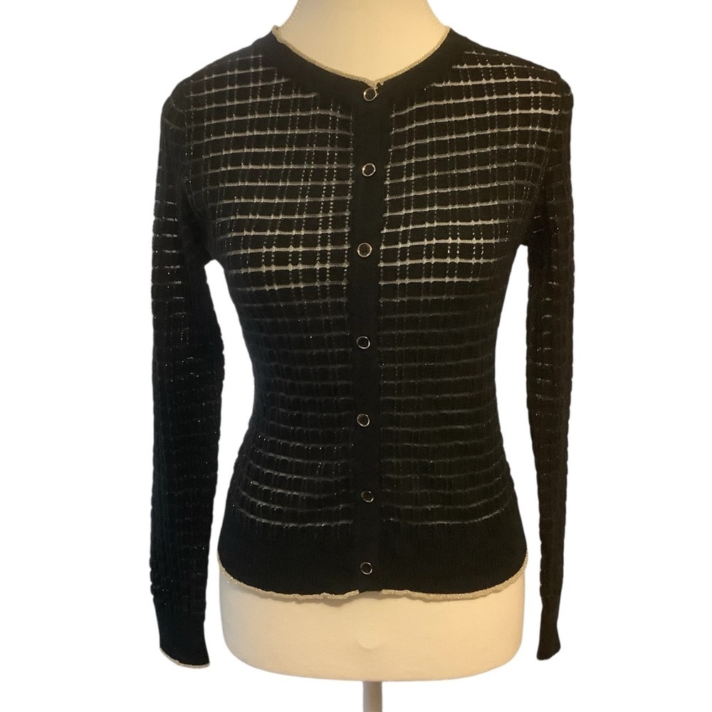 YUMI KNITWEAR BLACK/ METALLIC GOLD DETAILS/ BUTTON-UP CARDIGAN SWEATER/ Size S
